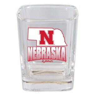 NEBRASKA CORNHUSKERS SHOTGLASS SQ STATE MAP & MASCOT