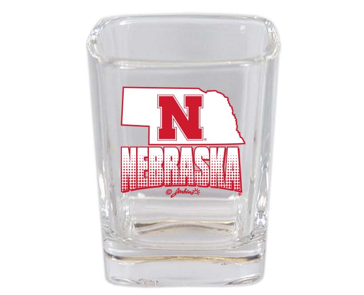 NEBRASKA CORNHUSKERS SHOTGLASS SQ STATE MAP & MASCOT
