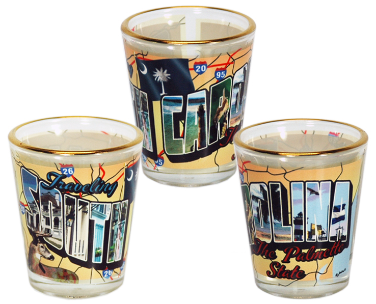 SOUTH CAROLINA SHOTGLASS GOLD RIM POSTCARD