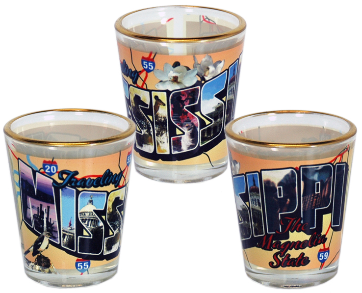 MISSISSIPPI SHOTGLASS GOLD RIM POSTCARD
