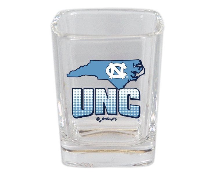 NORTH CAROLINA TAR HEELS SHOTGLASS SQ STATE MAP & MASCOT
