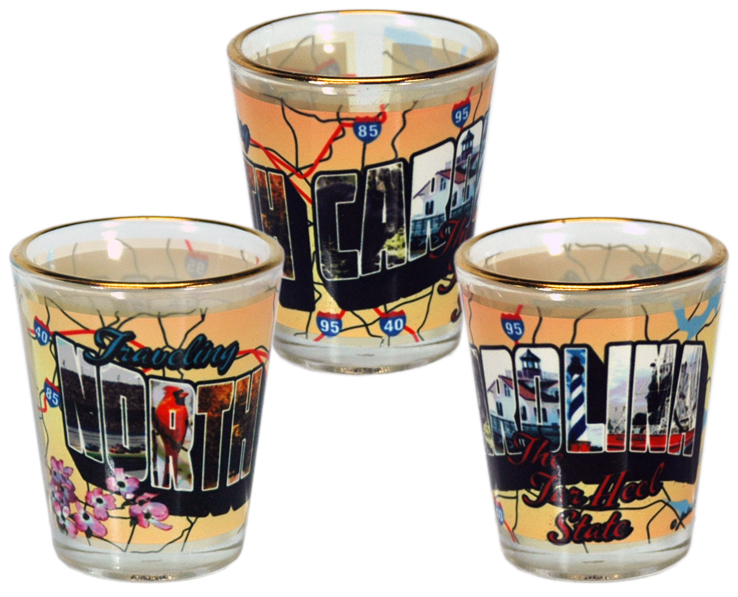NORTH CAROLINA SHOTGLASS GOLD RIM POSTCARD