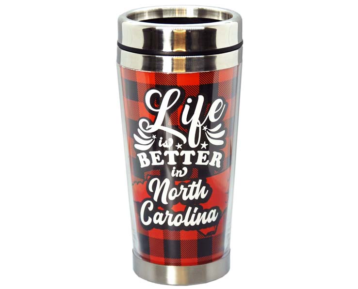 NORTH CAROLINA MUG TRAVEL INSERT PLAID LIFE IS BETTER (14oz)