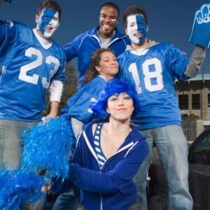 friends dressed up for tailgate party