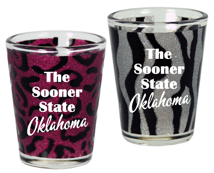 OKLAHOMA SHOTGLASS WILD ANIMAL PRINT STATE MOTTO