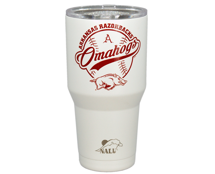 ARKANSAS RAZORBACKS MUG TUMBLER SS 30oz OMAHOGS BASEBALL WHT